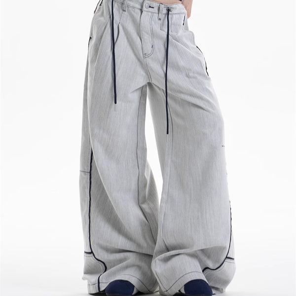Pantalones Anchos Casuales con Costuras en Contraste