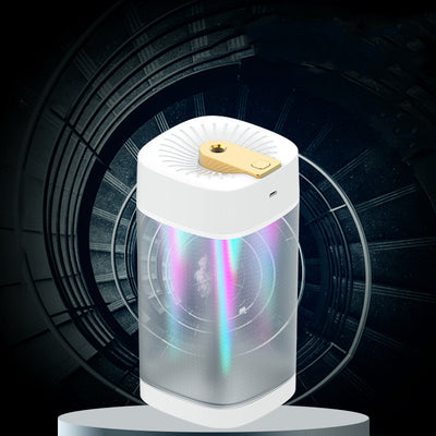 Modern cylindrical USB aroma humidifier with a metallic silver body, white top and base, and a gold mist outlet. - Image 13