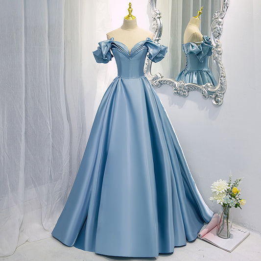 Vestido de Satén Azul Largo Asimétrico de Un Hombro