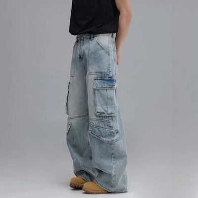 Pantalones Vaqueros de Trabajo Multibolsillos Lavados - Corte Ancho Casual para Hombre - Image 2