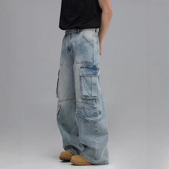 Pantalones Vaqueros de Trabajo Multibolsillos Lavados - Corte Ancho Casual para Hombre