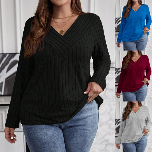 Suéter Tipo Polera Plus Size Cuello V Cruzado Manga Larga Textura Acanalada