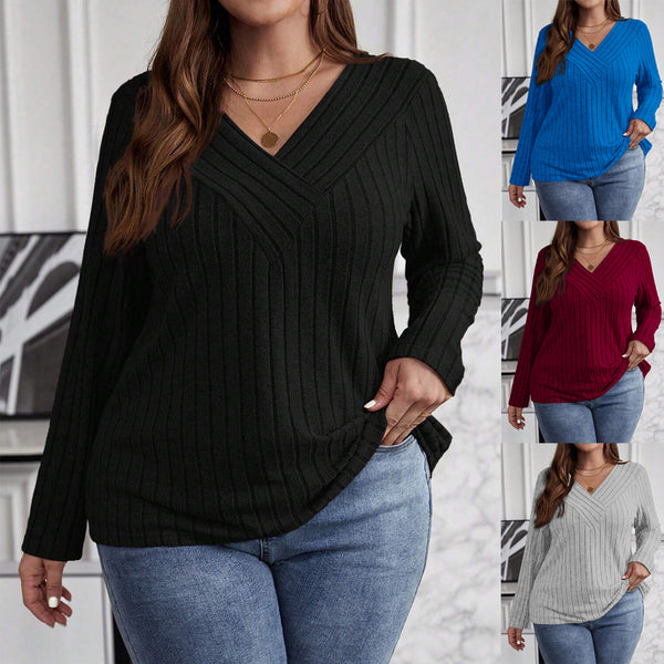 Suéter Tipo Polera Plus Size Cuello V Cruzado Manga Larga Textura Acanalada