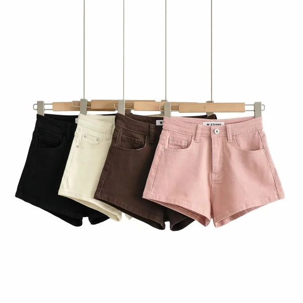 Shorts de Mezclilla Cintura Alta Básicos Elásticos con Textura Acanalada