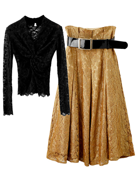 Conjunto de Falda Midi Tejida Elegante - Estilo Occidental para Primavera e Invierno