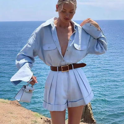 Conjunto de Lino y Algodón: Blusa Suelta de Manga Larga + Short de Cintura Alta