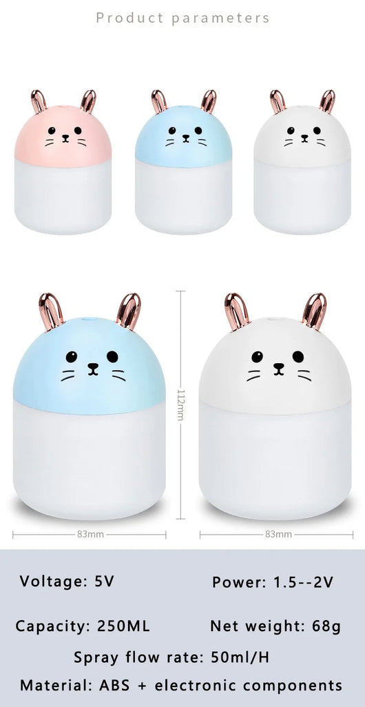 Cute sky blue and white mini USB rabbit humidifier with gold ears, ideal for home or office aromatherapy. - Image 20