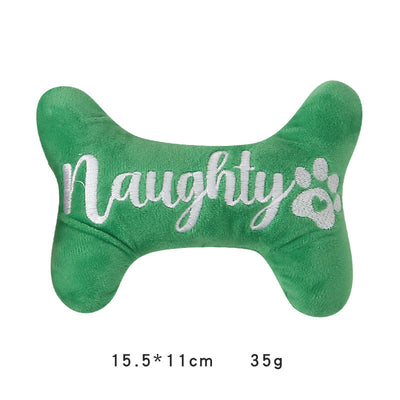 Green plush bone dog toy with "Naughty" embroidered in white, featuring a white paw print. - Image 4