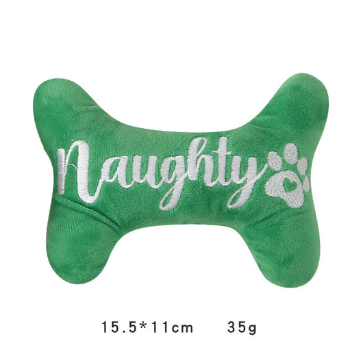 Green plush bone dog toy with "Naughty" embroidered in white, featuring a white paw print. - Image 4