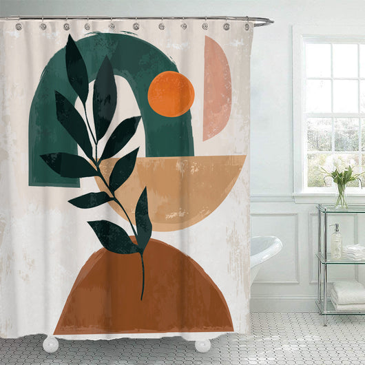 Modern geometric shower curtain with abstract shapes in brown, orange, and green, featuring a black botanical print. - Image 10