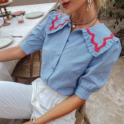 Blusa de Cuadros Contrastantes con Cuello Dulce y Manga Elegante - Image 13