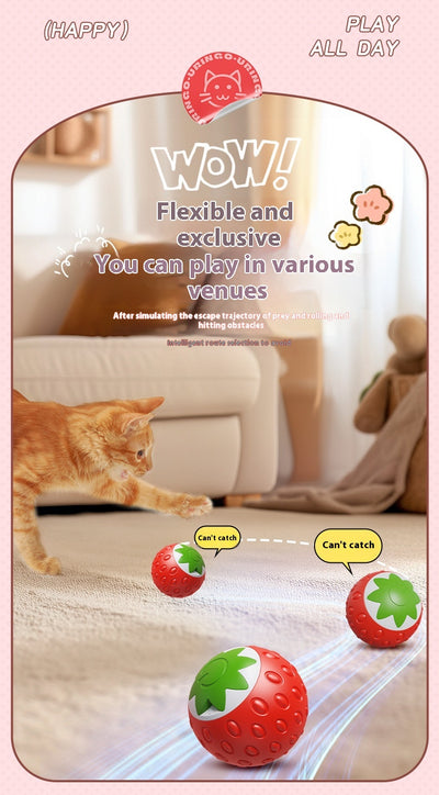 Green electric pet toy ball with a textured surface and a white strawberry-like design featuring a power button. - Image 16