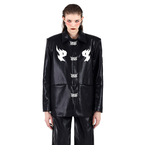 Chaqueta de Cuero y Algodón Negro con Hebilla de Metal Original