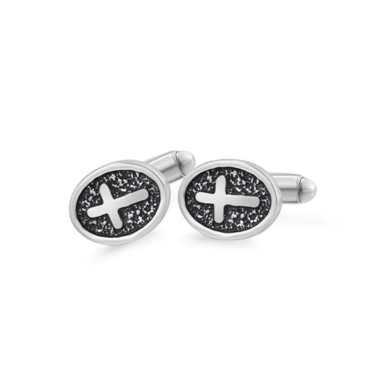Gemelos Ovalados con Cruz de Acero Inoxidable Plateado para Hombre - Image 2