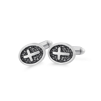 Gemelos Ovalados con Cruz de Acero Inoxidable Plateado para Hombre - Image 2