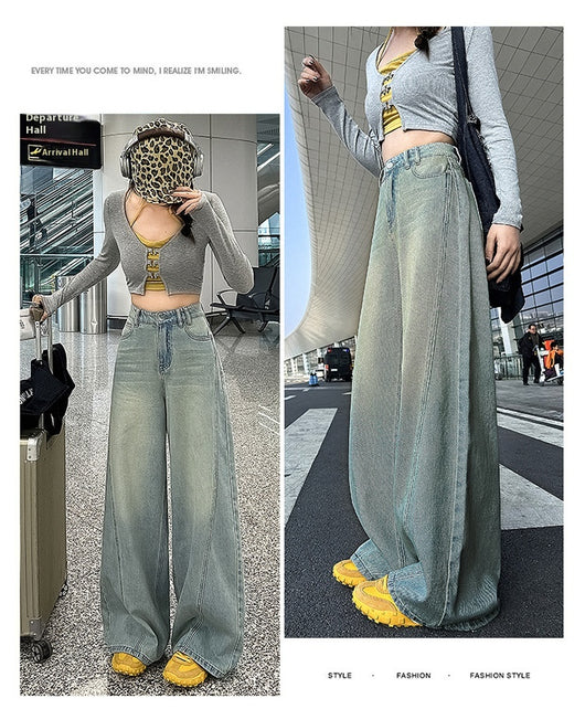 Pantalones Vaqueros Retro Cintura Alta Pierna Ancha Estilo Americano - Image 12