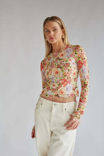 Blusa Elegante de Malla Floral Cuello Redondo Manga Larga Ajustada - Image 9