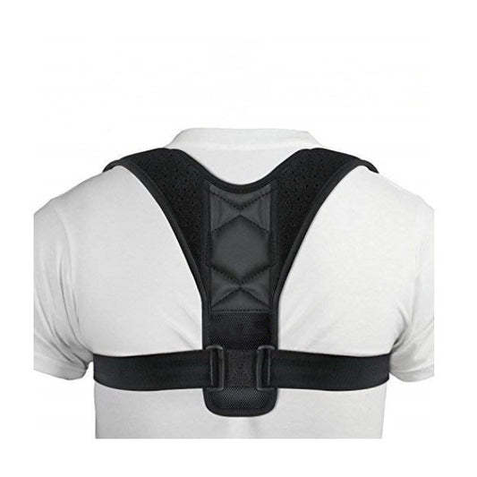 Black clavicle support correction belt worn on a person's back over a white t-shirt, designed for posture.