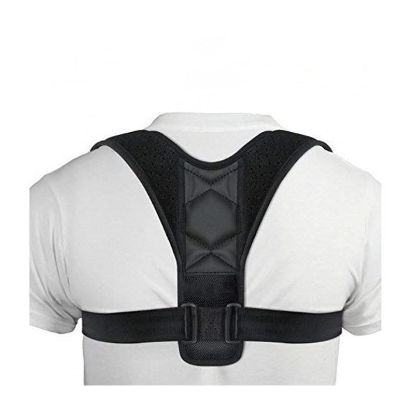 Black clavicle support correction belt worn on a person's back over a white t-shirt, designed for posture.