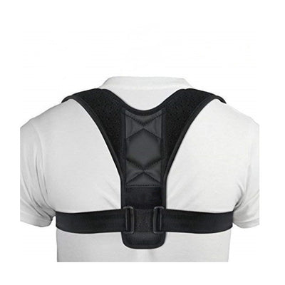 Black clavicle support correction belt worn on a person's back over a white t-shirt, designed for posture.