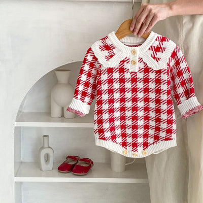Mameluco Triangular de Punto para Bebé Niña - Diseño Cuadros Otoñal en Rojo - Image 3