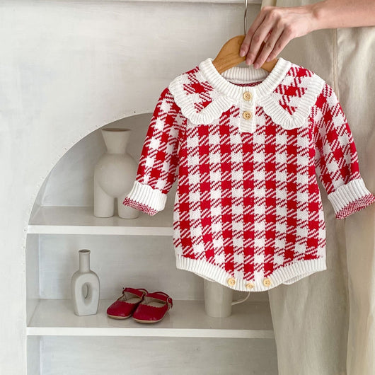 Mameluco Triangular de Punto para Bebé Niña - Diseño Cuadros Otoñal en Rojo - Image 3