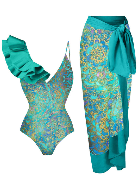 Women's one-shoulder ruffled swimsuit and matching sarong with blue and yellow lemon tile print. - Image 2