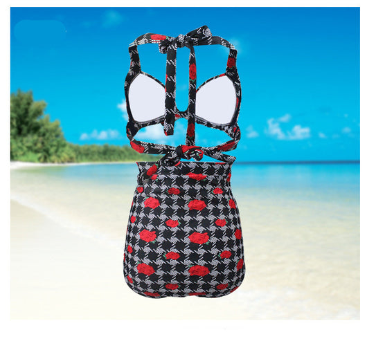 Rose bikini with a black, white, and red houndstooth pattern. Features a halter top and ruched high-waisted bottoms. - Image 7