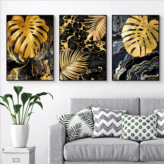 Cuadro Canvas Mármol Negro Dorado con Plantas Tropicales