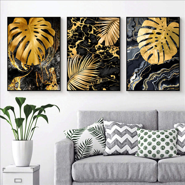 Cuadro Canvas Mármol Negro Dorado con Plantas Tropicales