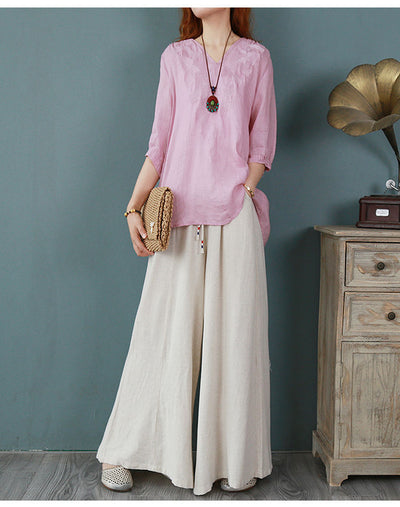 Blusa Larga Atrás Corta Adelante de Algodón y Lino con Bordado para Mujer - Image 13