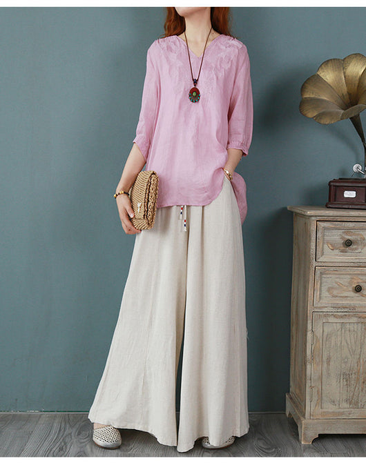 Blusa Larga Atrás Corta Adelante de Algodón y Lino con Bordado para Mujer - Image 13