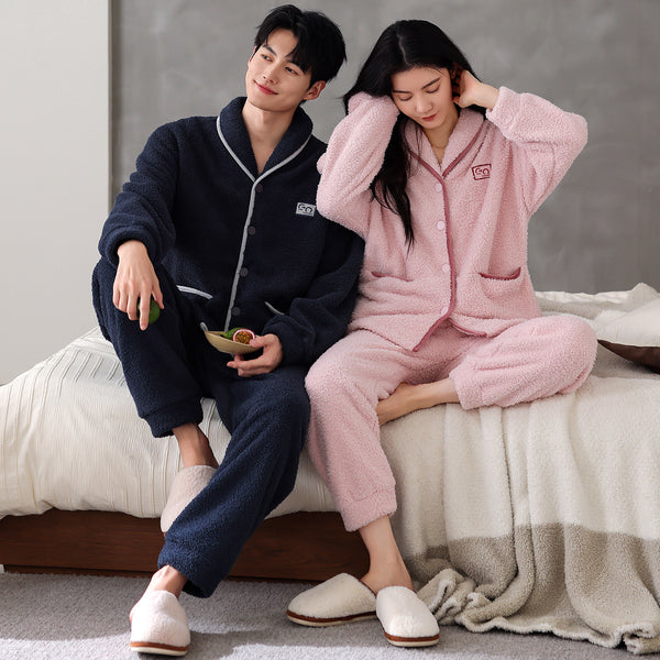 Pijama de Pareja Franela Gruesa Coral Fleece Manga Larga Abrigado