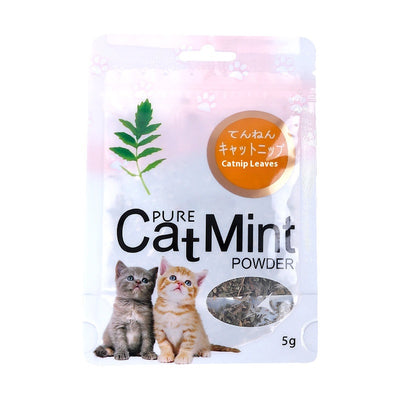 Pure Cat Mint Powder pouch with two kittens, a green leaf graphic, and a window showing dried catnip leaves. Label reads 'Catnip Leaves' and '5g'. - Image 5