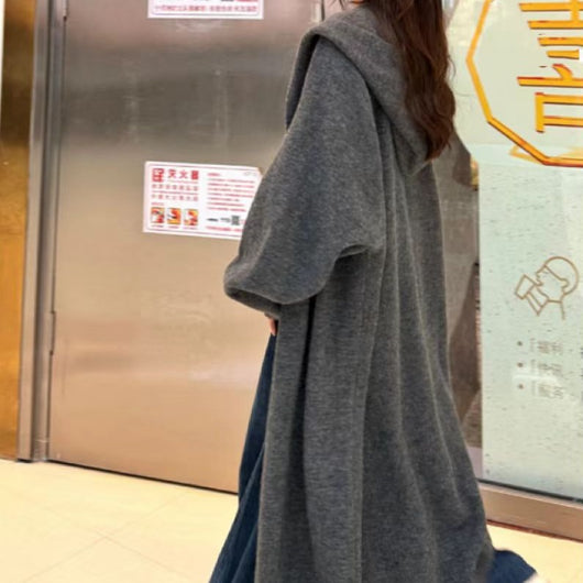 Cardigan Largo con Capucha Estilo Coreano Tejido para Mujer