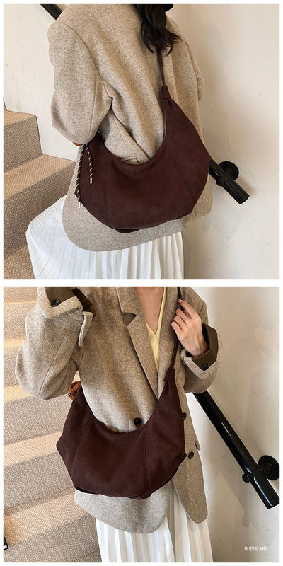 Bolso Bandolera Retro de Gamuza y Forro Polar - Minimalista de Gran Capacidad - Image 10