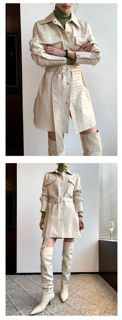Abrigo de Cuero Blanco Retro con Blusa Entallada Midi para Mujer - Image 11