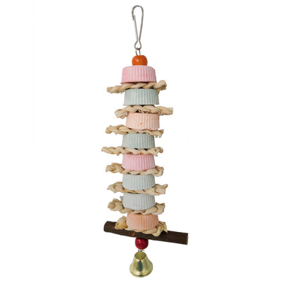 Colorful bird toy with stacked ridged blocks, natural straw, a wooden perch, and a golden bell, hanging from a metal clip. - Image 4