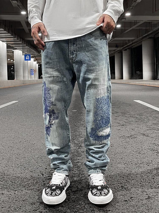 Jeans Rectos Casuales para Hombre con Diseño Floral Quemado y Lavado Industrial - Image 8