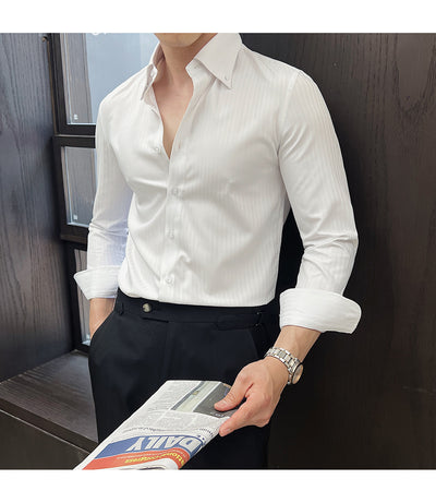 Camisa de Vestir Manga Larga a Rayas para Hombre con Cuello Italiano - Image 35