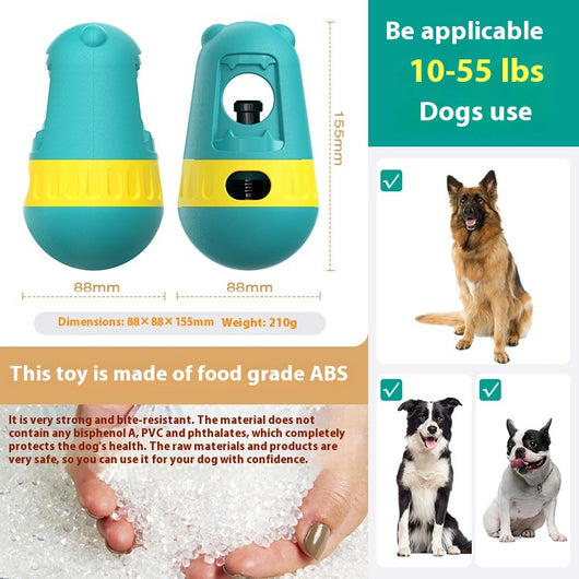 Red and black slow feeder dog toy with a treat dispenser, next to a bulldog playing with a green and yellow version. - Image 10