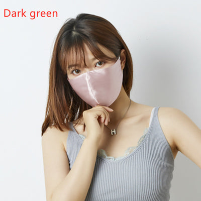 Wine red silk face mask with adjustable white ear loops, designed for breathable comfort and dust protection. - Image 12