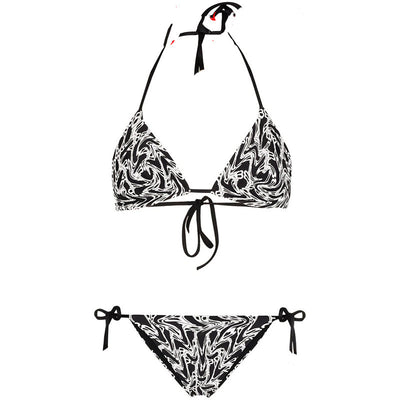 Black and white abstract letter print bikini with triangle halter top and tie-side bottoms. - Image 11