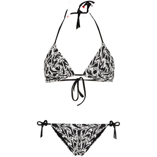 Black and white abstract letter print bikini with triangle halter top and tie-side bottoms. - Image 11