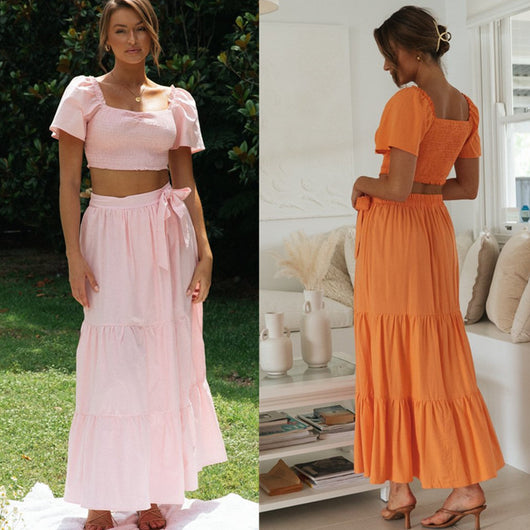 Conjunto Elegante: Blusa Drapeada con Moño y Falda Larga Cintura Alta - Image 10
