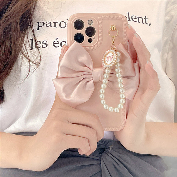 Funda para Celular con Cadena de Perlas y Moño