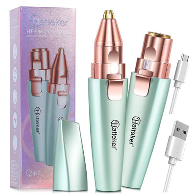Two mint green and rose gold 2-in-1 electric eyebrow shaping devices with USB cables and packaging. - Image 6