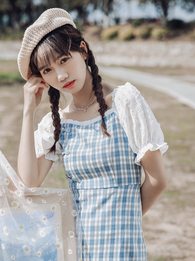 Falda Línea A Cuello Cuadrado con Mangas Puff - Estilo Preppy Elegante - Image 14