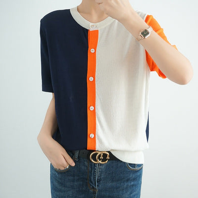 Blusa Fresca de Bloques de Color con Cuello en V - Image 4