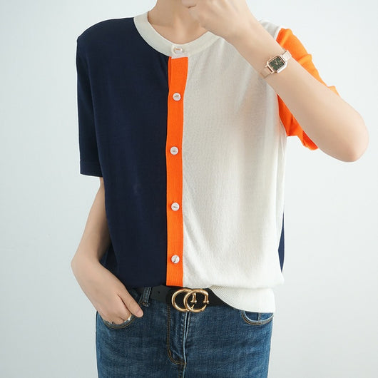 Blusa Fresca de Bloques de Color con Cuello en V - Image 4